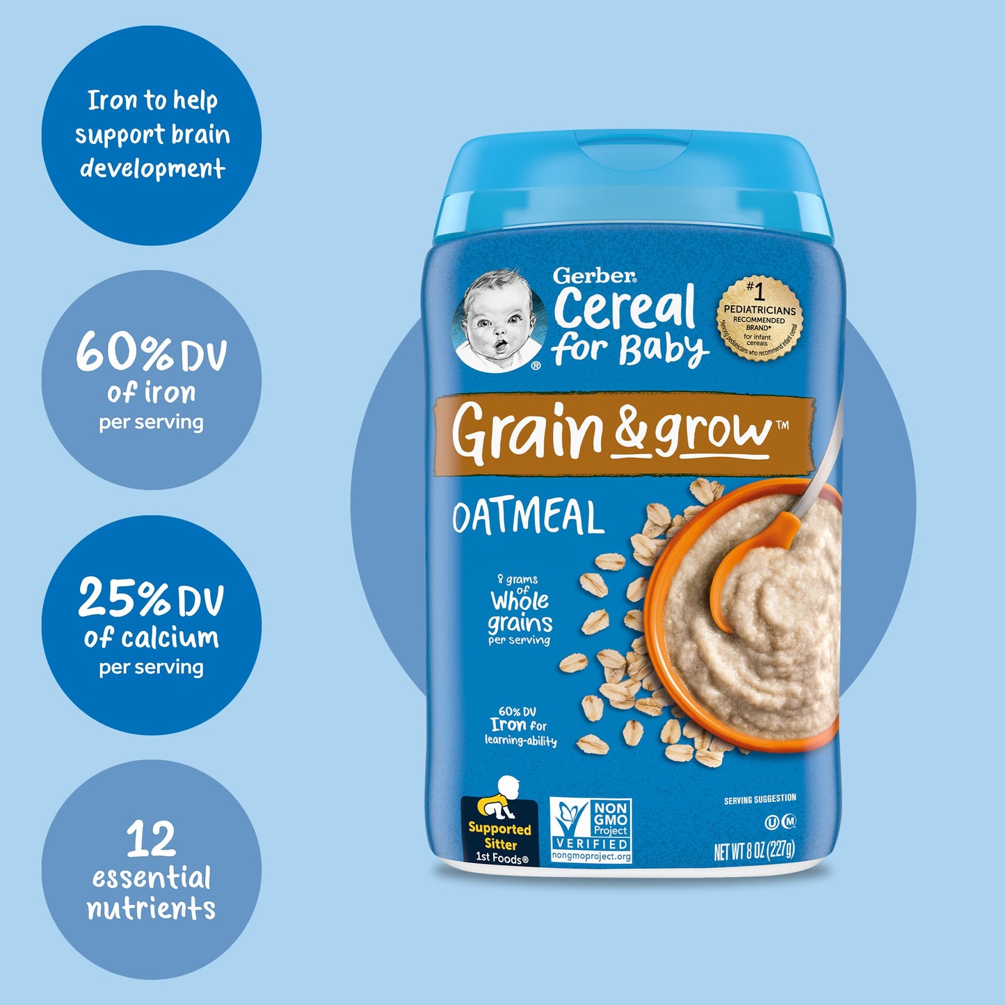 Gerber Baby Cereal 1St Foods, Grain & Grow, Oatmeal, 8 Ounce (Pack Of 6)