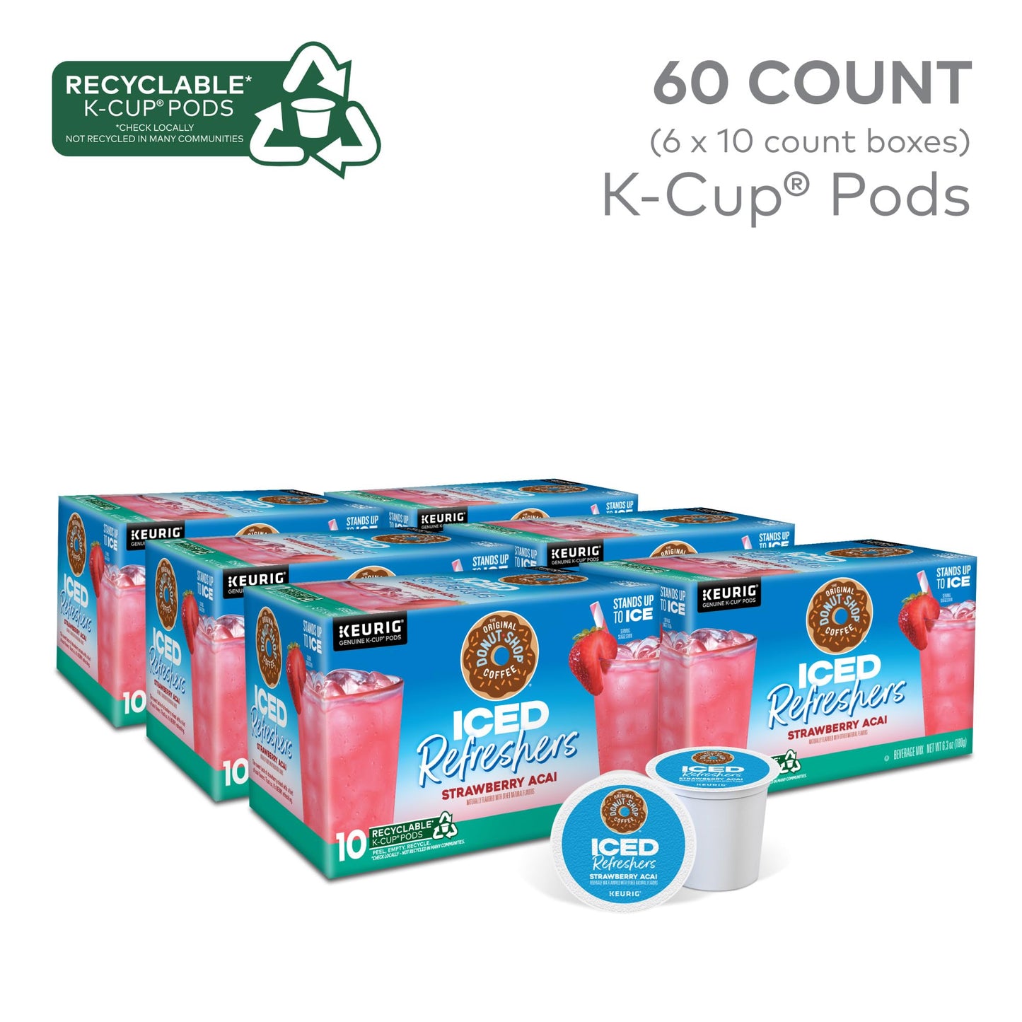 The Original Donut Shop Iced Refreshers, Strawberry Açaí Flavor, Keurig Single Serve K-Cup Pods, 60 Count (6 Packs Of 10)