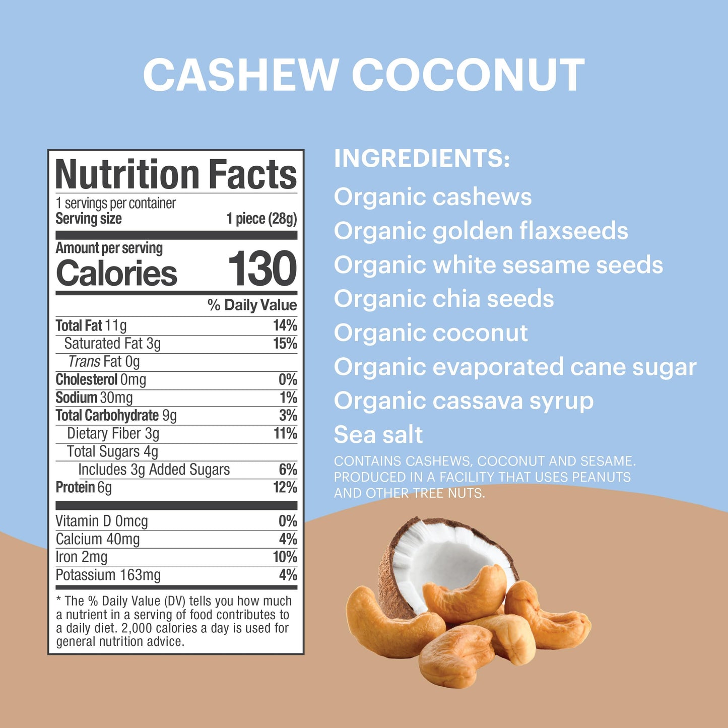 Tosi Cashew Coconut Protein Bars, Plant Based With Nuts, Gluten-Free Crunchy Snacks, Vegan, Organic, Flax & Chia Seeds, Soy-Free
