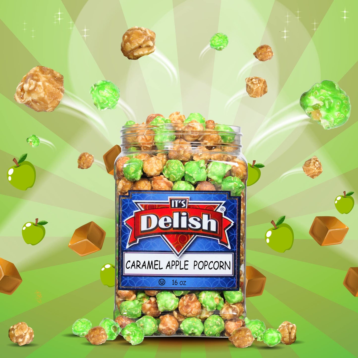 Its Delish Gourmet Caramel Apple Popcorn Mix by Its Delish, 16 OZ Jumbo Container - Caramel Corn Air Popped Sweet & Crunchy Gla