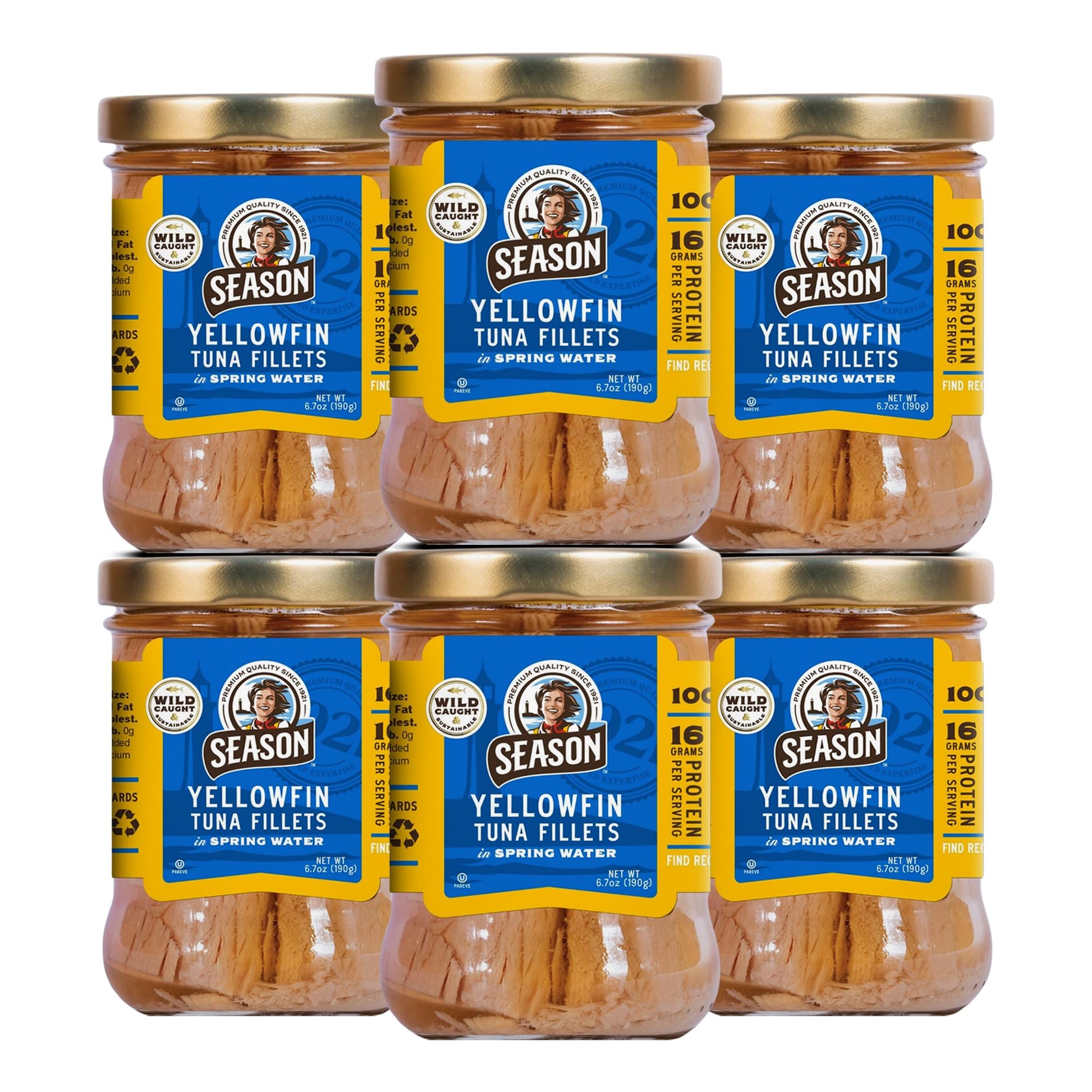 Season Yellowfin Tuna Fillets In Spring Water - Wild Caught  Hand-Packed In Glass Jars  16G Of Protein Per Serving  Top-Grade Quality - 6.7 Oz (Pack Of 6)