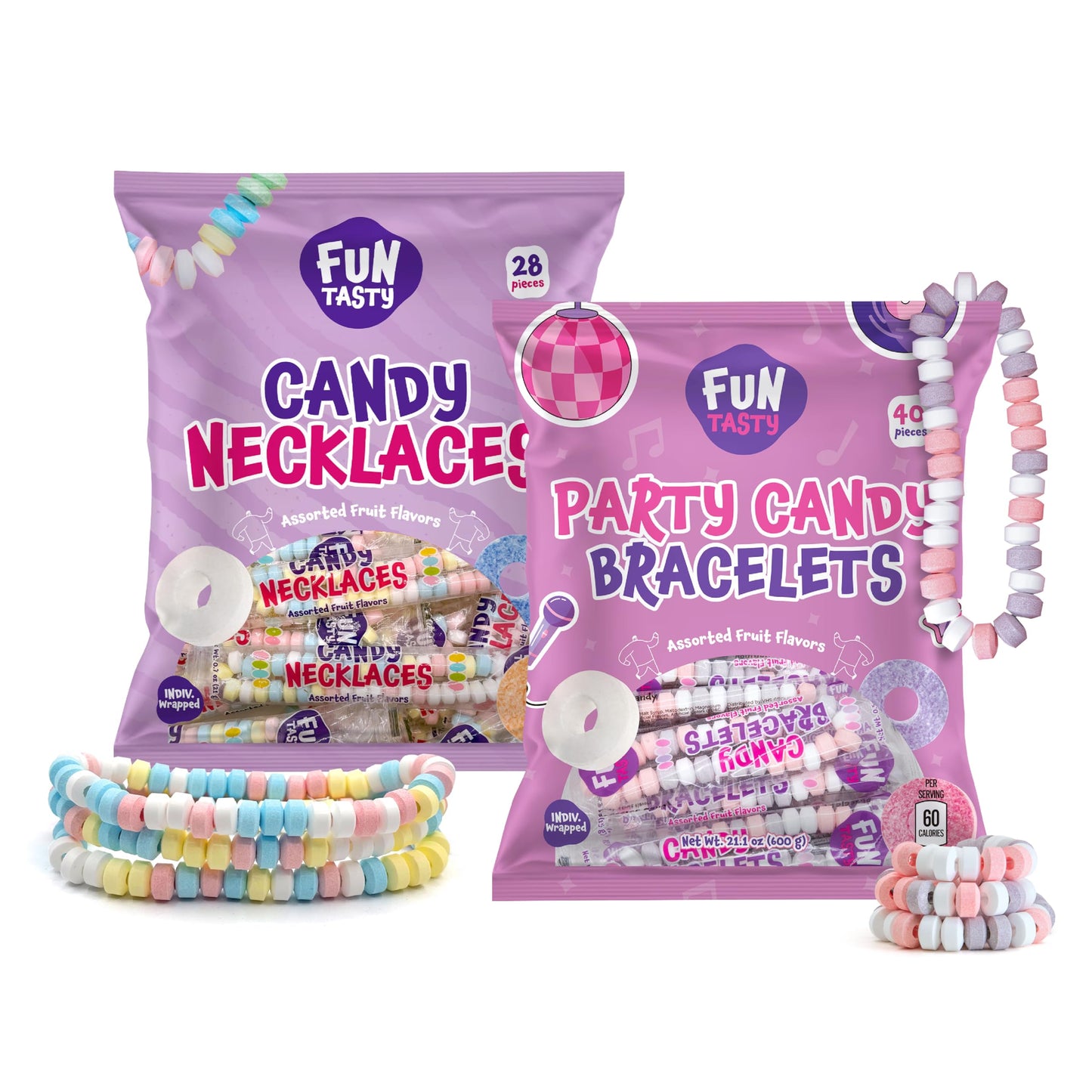 Party Candy Bracelets and Candy Necklaces - 21 Oz Bag (2 Packs - 68 Cnt) - Fruit Flavors - Individually Wrapped Candies for Party Favors  Classroom Rewards  and Goodie Bags by Funtasty