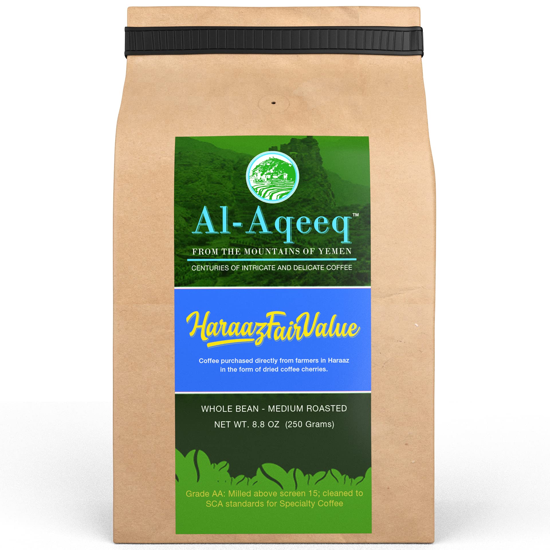 Al-Aqeeq Whole Bean Yemen Coffee  Haraaz Region | Specialty Organic Arabica Coffee | Low Acid  Medium Roast | Freshly Roasted  Fair Value