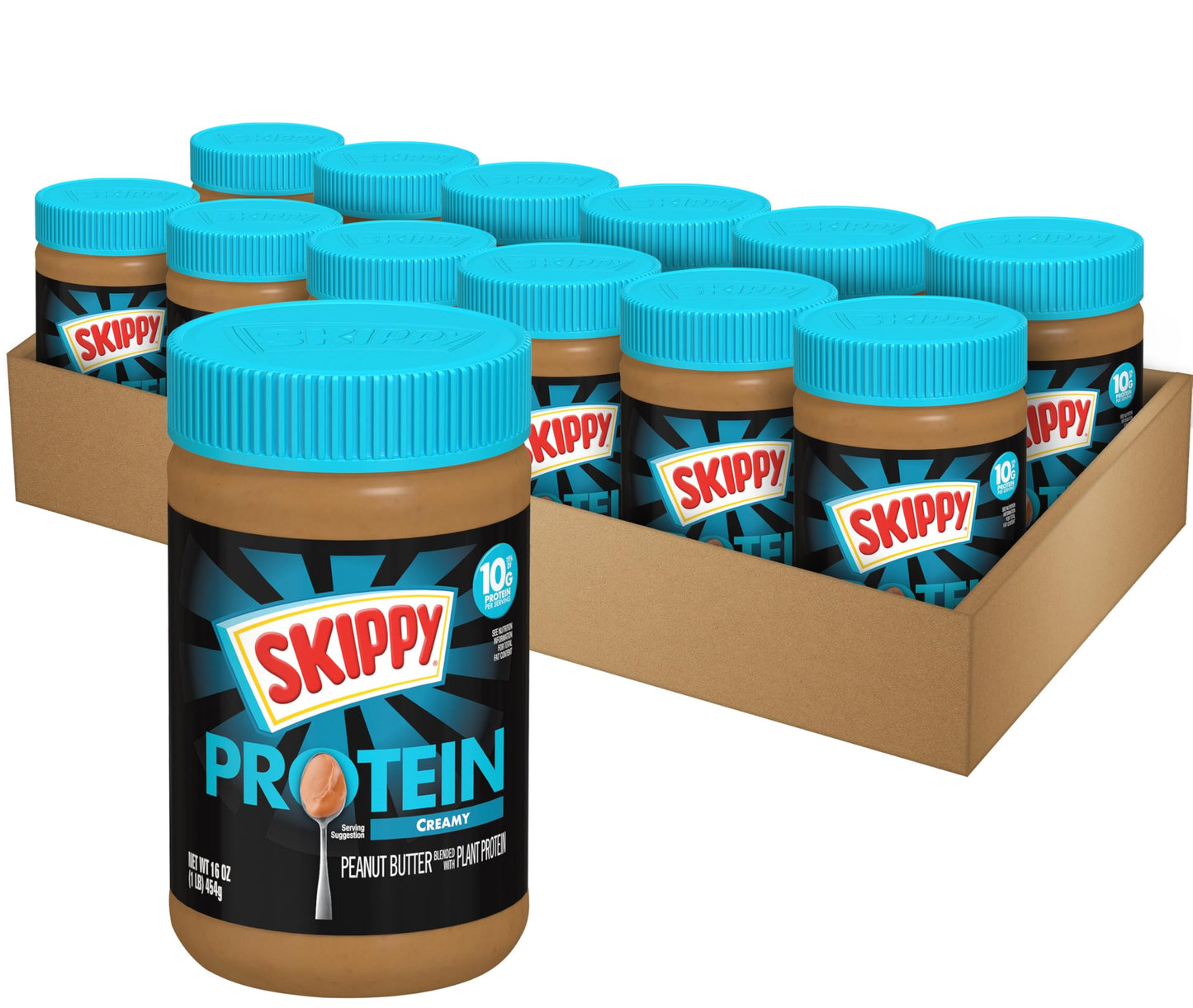 SKIPPY Creamy Peanut Butter Blended with Plant Protein, 16oz Plastic Jar, 12 Pack