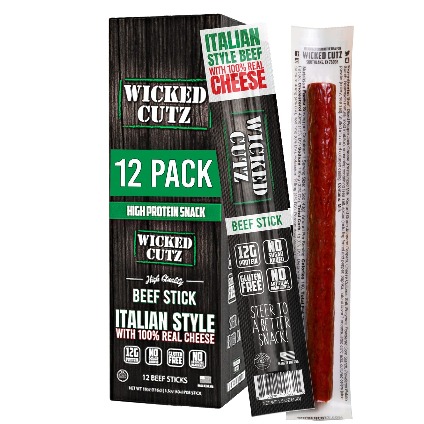 Wicked Cutz Italian Beef & Cheese Sticks  12G Protein Per Beef Stick  Tender & Juicy Meat Stick With Real Pepper Jack Cheese  Usa Made High Protein Meat Sticks  Carnivore Snacks (12 Pack)