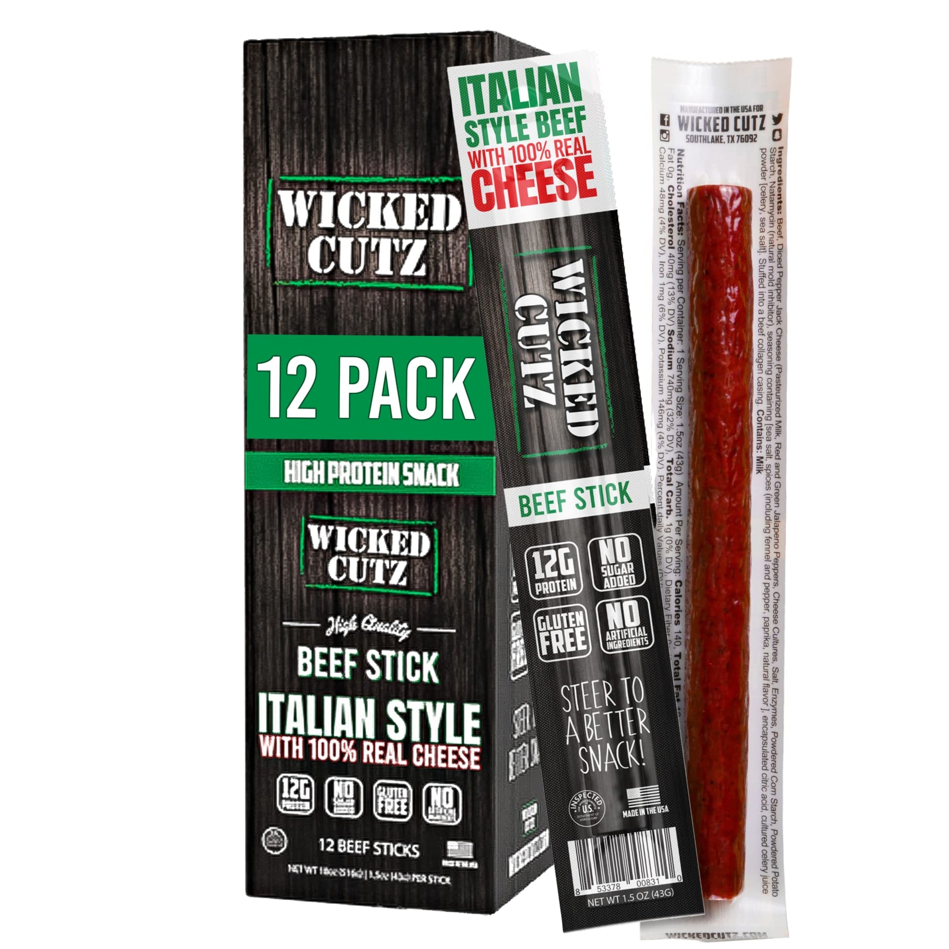 Wicked Cutz Italian Beef & Cheese Sticks  12G Protein Per Beef Stick  Tender & Juicy Meat Stick With Real Pepper Jack Cheese  Usa Made High Protein Meat Sticks  Carnivore Snacks (12 Pack)