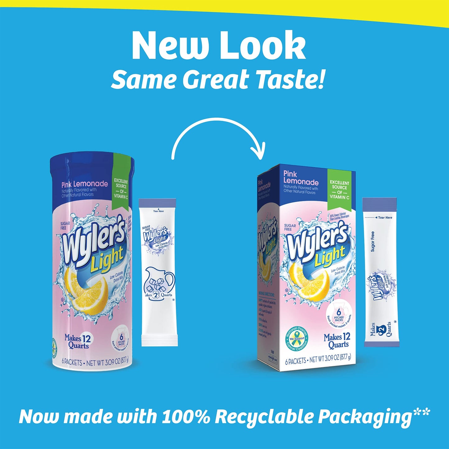 Wyler's Light Pink Lemonade Drink Mix, 6 Pitcher Packets, 0.52 oz Each, Sugar-Free Hydration Solution