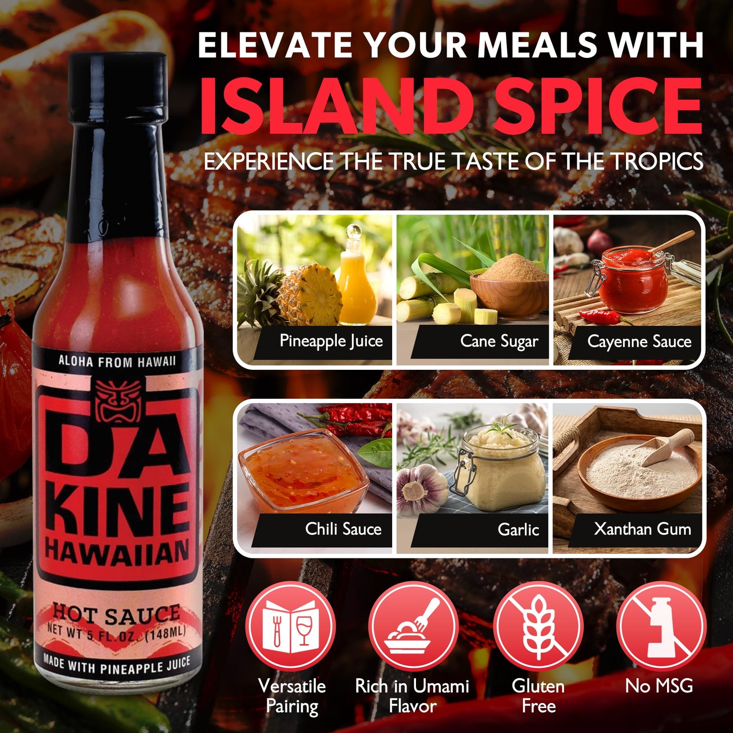 Da Kine Hawaiian Pineapple Hot Sauce - Vegan, Gluten-Free, Sweet & Spicy - 5 fl. oz. (3-Pack)