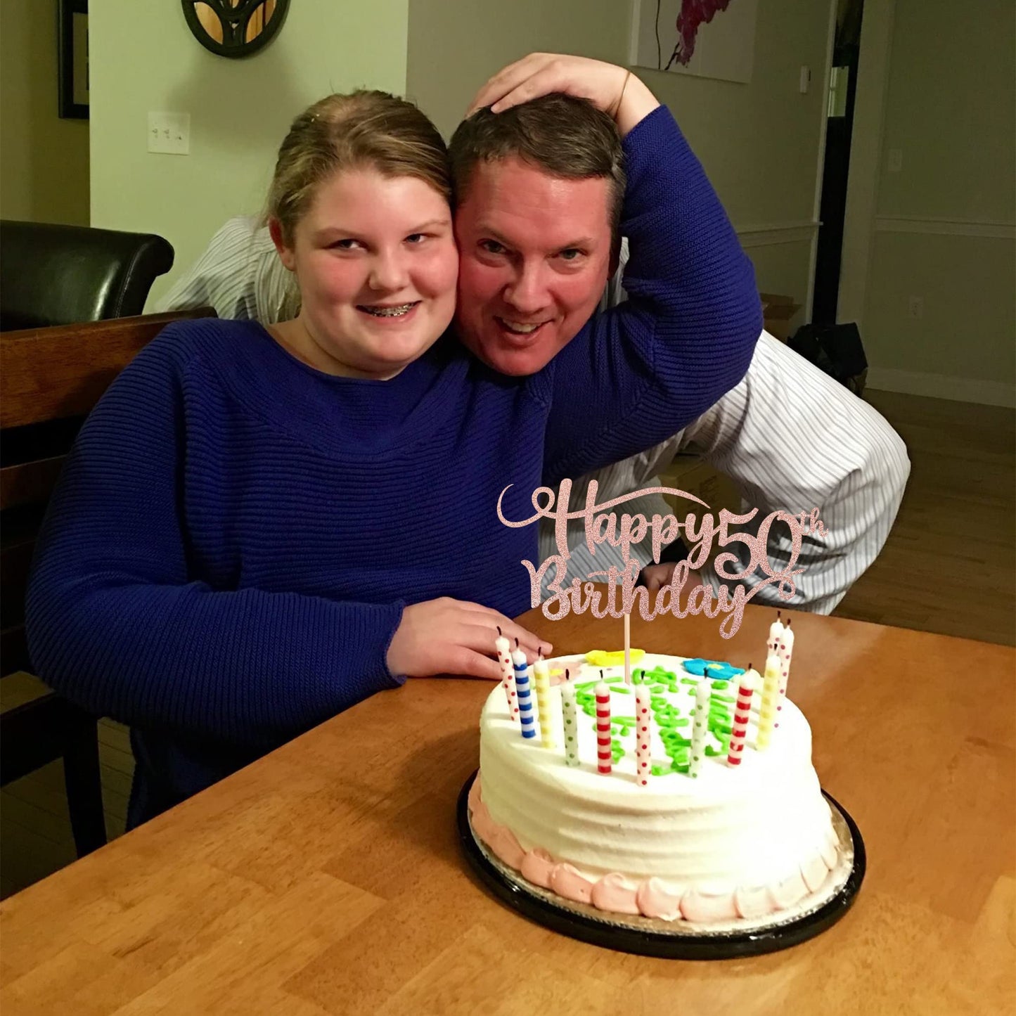 Rssta i Happy 50th Birthday Cake Topper, Rose Gold Glitter, Model XM042, Paper Decoration for Anniversary Party Supplies