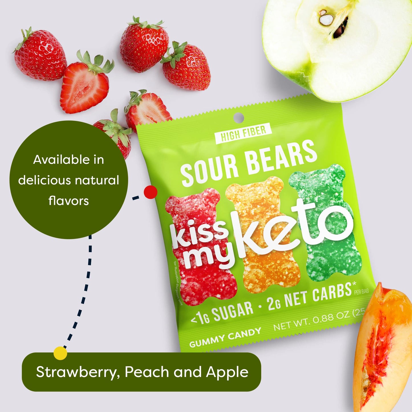 Kiss My Keto Gummies - Low Carb Sour Bears, Vegan Candy, Snack Pack, 32 Count