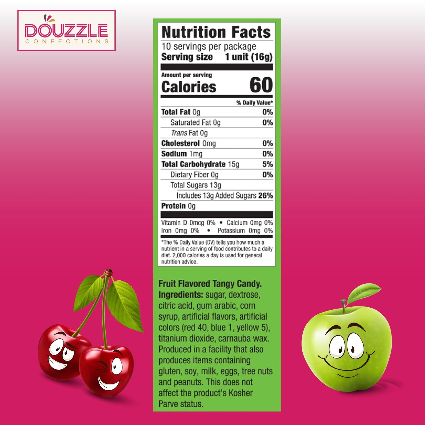 Douzzle Zillions Tangy Candy, Sour Cherry & Sour Apple (10 Count, Pack Of 1) Individually Wrapped Candies, Birthday Party Favors