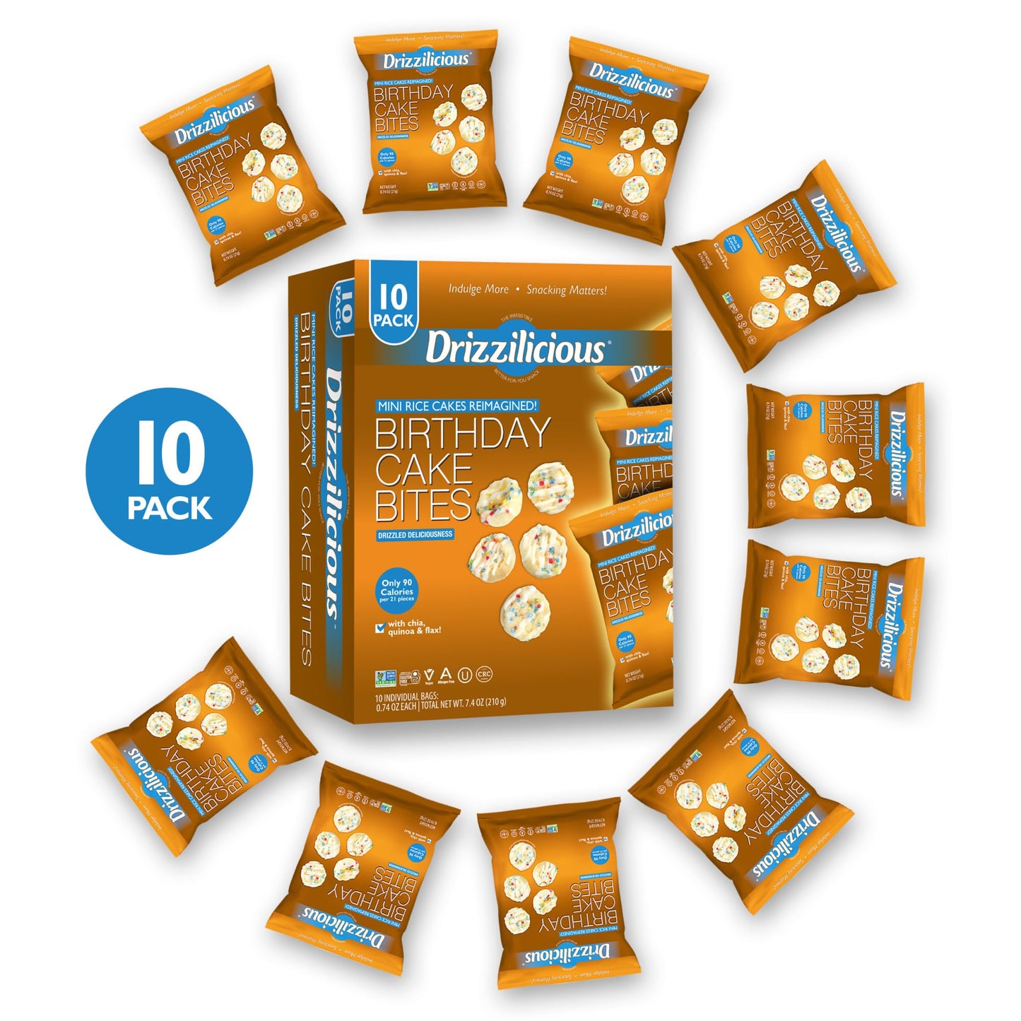 Drizzilicious Mini Rice Cakes - Vegan, Gluten Free, 90 Calories, 0.74 oz (Pack of 10)