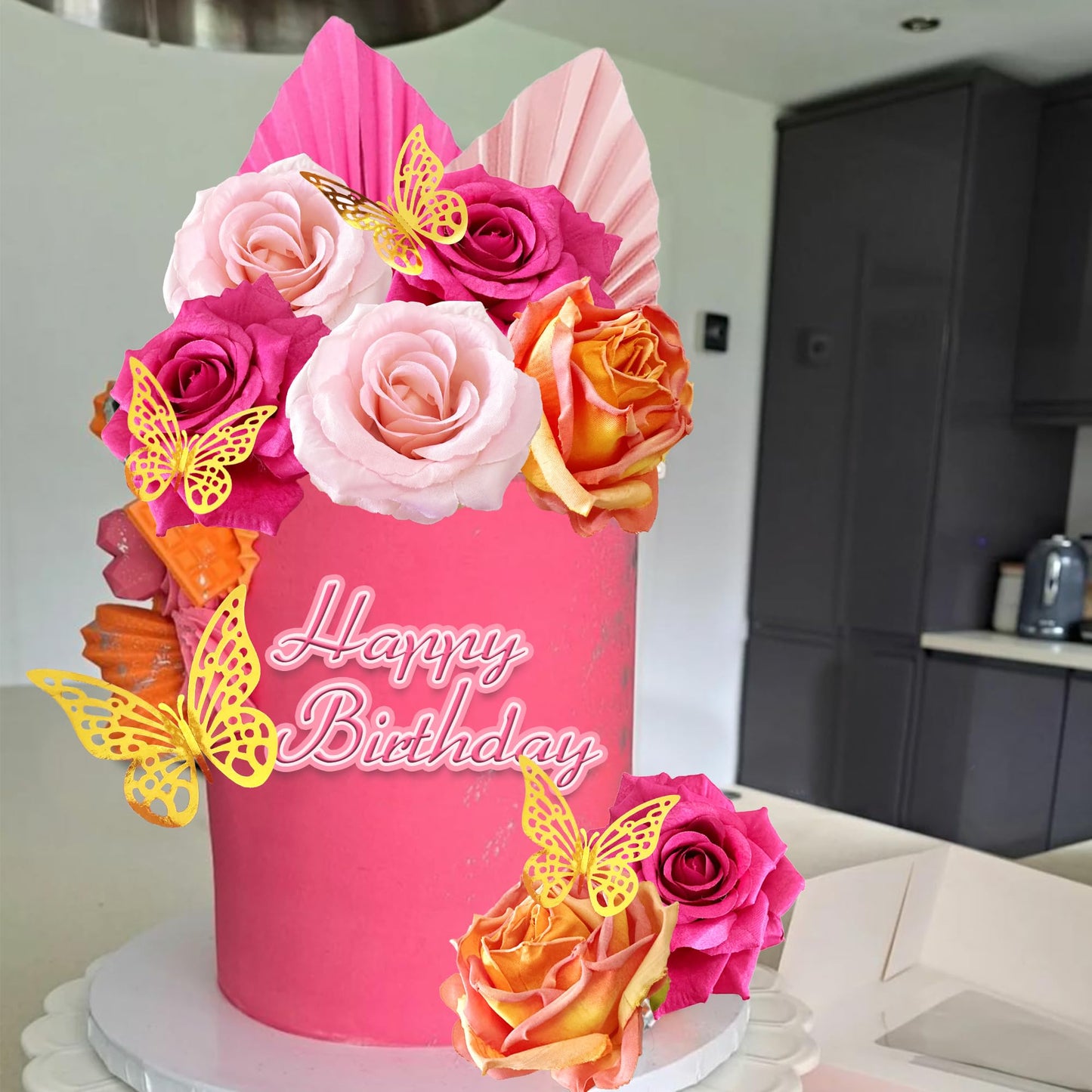 Boho Cake Topper Flower Palm Leaves Cake Decorations For Bohemian Wedding Baby Shower Birthday Party Supplies (Hot Pink)