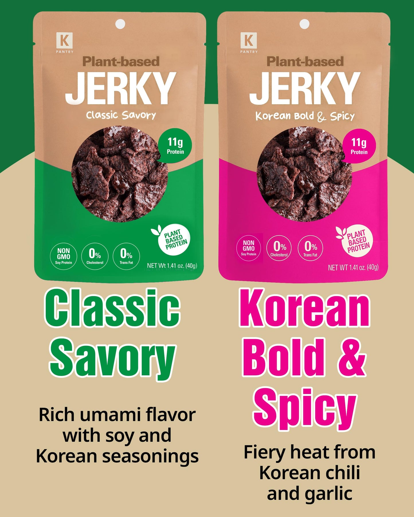 Korean Classic Savory And Bold & Spicy Vegan Jerky - 11G Plant-Based Non-Gmo Soy Protein, Low-Fat On The Go Snack - 150 Calories