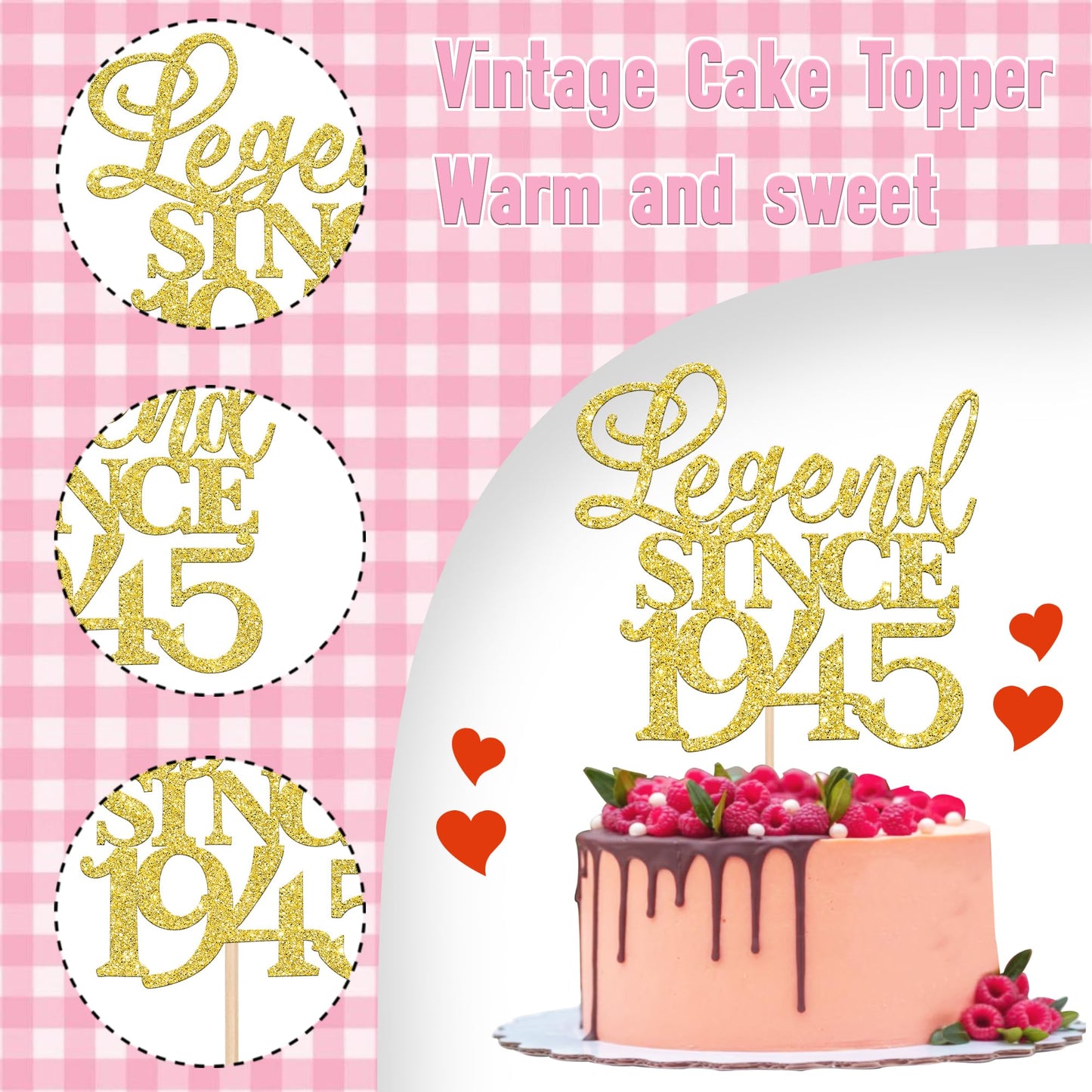 Rssta i Cake Topper - Legend Since 1943, Gold Glitter, Paper Decoration for 80th Birthday and Wedding Anniversary, Model XM310-gold 1943