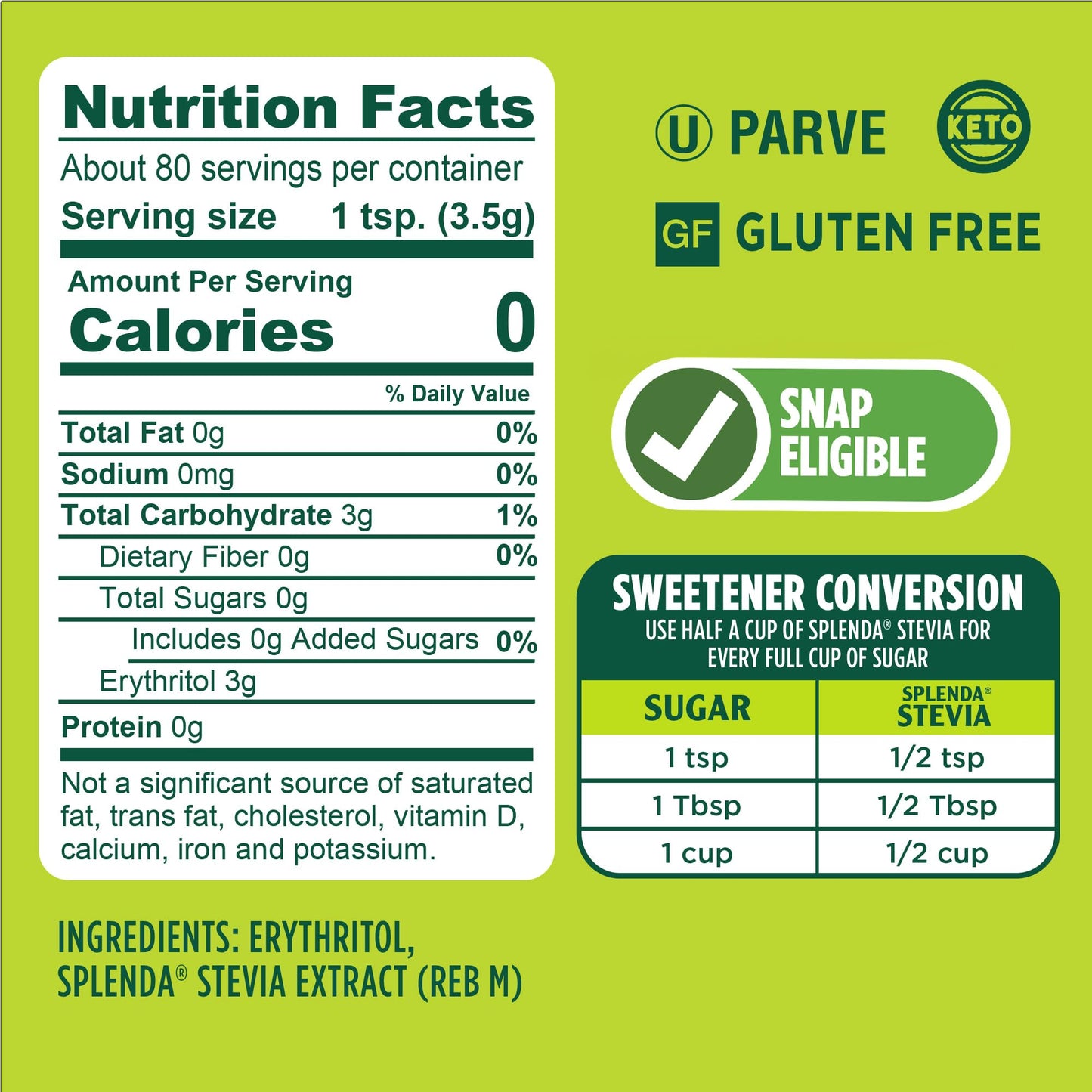 Splenda Stevia Zero Calorie Sweetener, Plant Based Sugar Substitute Granulated Powder, 9.8 Oz Jar