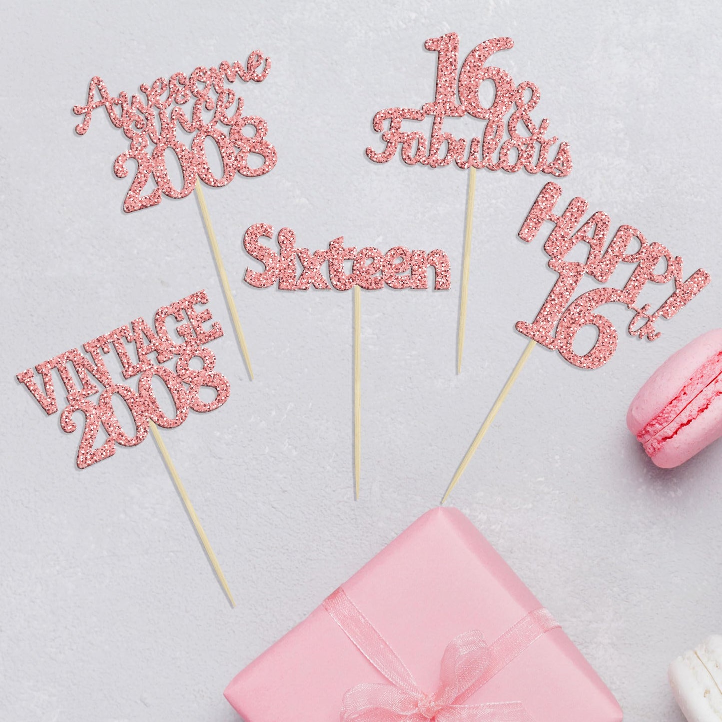 Gyufise 30Pcs Rose Gold Vintage 2008 Cupcake Toppers Glitter Happy 16Th Cheers To 16 Fabulous Sweet 16 Cupcake Picks 16Th Birthd