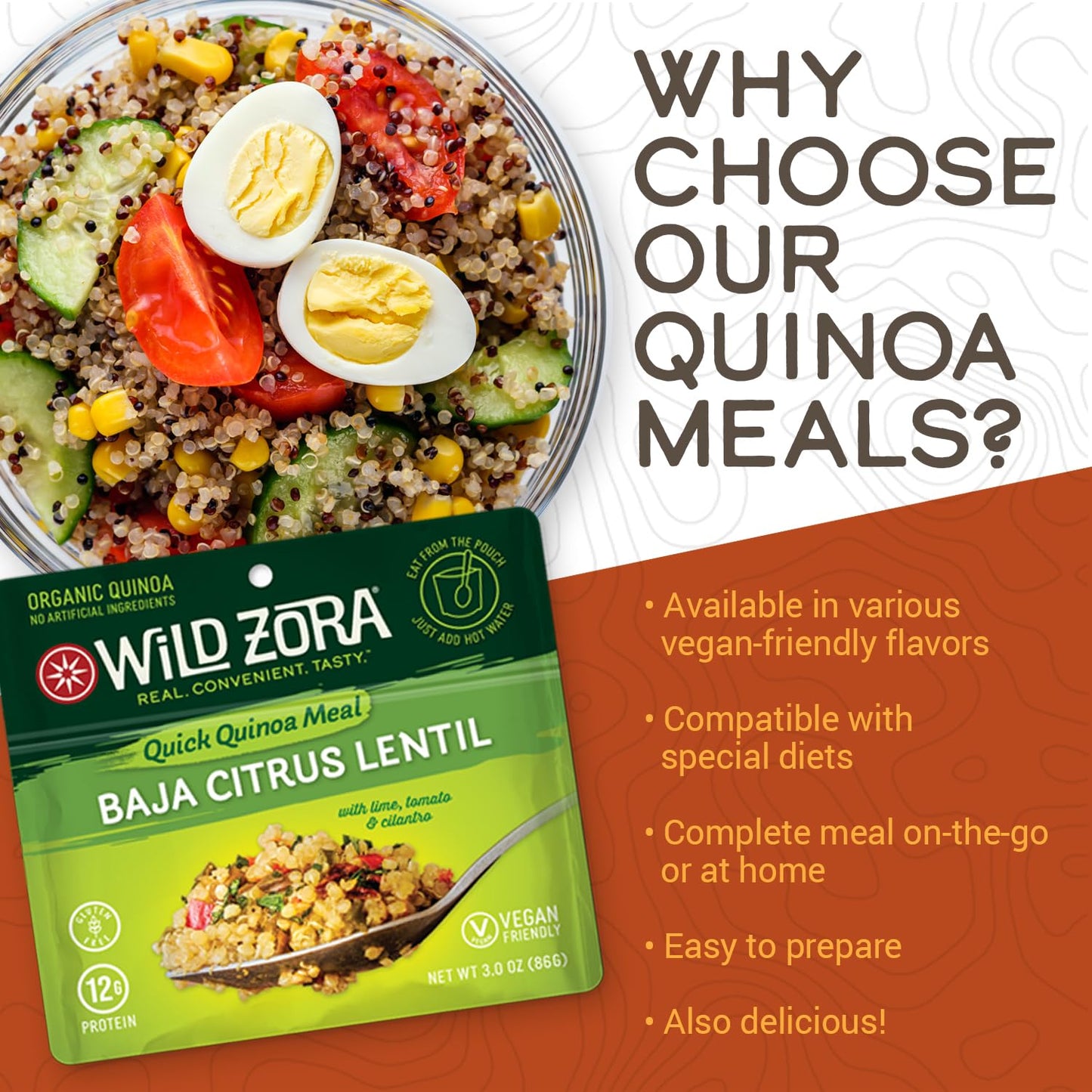 Wild Zora Instant Organic Quinoa Meals - Quick & Tasty Prepared Quinoa Bowls, Pantry Staples Gluten-Free Meal W/Lentils Plus 10G