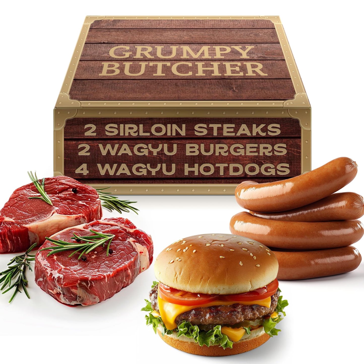 Grumpy Butcher Thick Juicy Variety Grill Christmas Gift For Dad – 2 Sirloin Steaks (6 Oz), 2 Jumbo Wagyu Burger Patties (8 Oz), 4 Big Wagyu Beef Hot Dogs (3 Oz) – Steak Meat Gift Basket Assortment