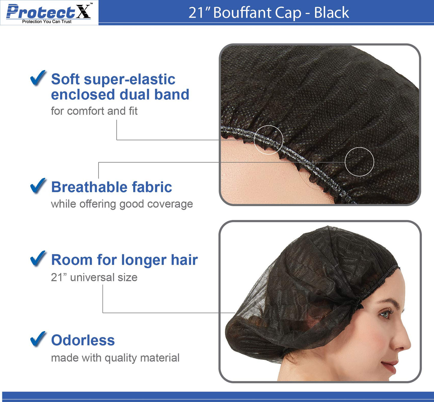 Protectx Disposable Bouffant (Hair Net) Caps Hair Head Cover Nets 21