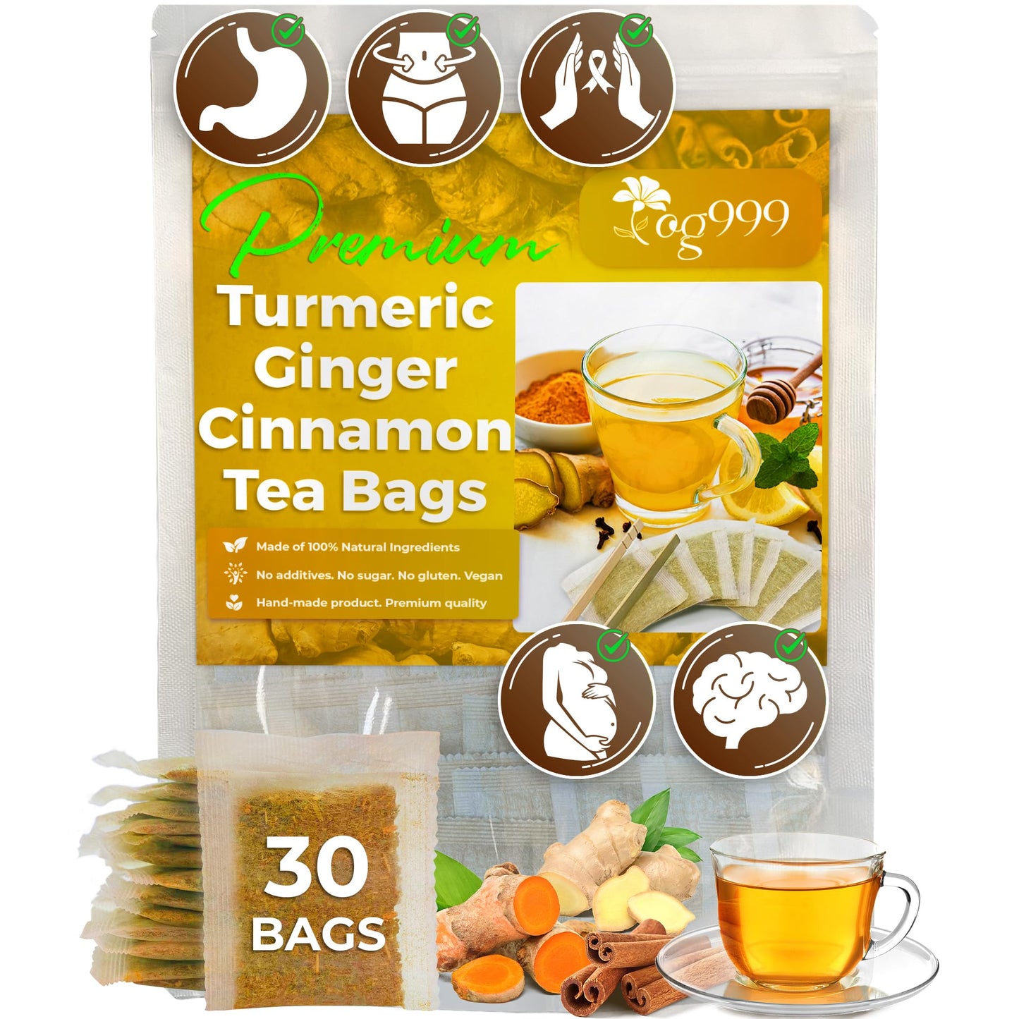 TOG999 Premium Turmeric Ginger Cinnamon Tea Bags, 30 Bags, Vegan, No Sugar, No Caffeine, Eco-Conscious Ingredients