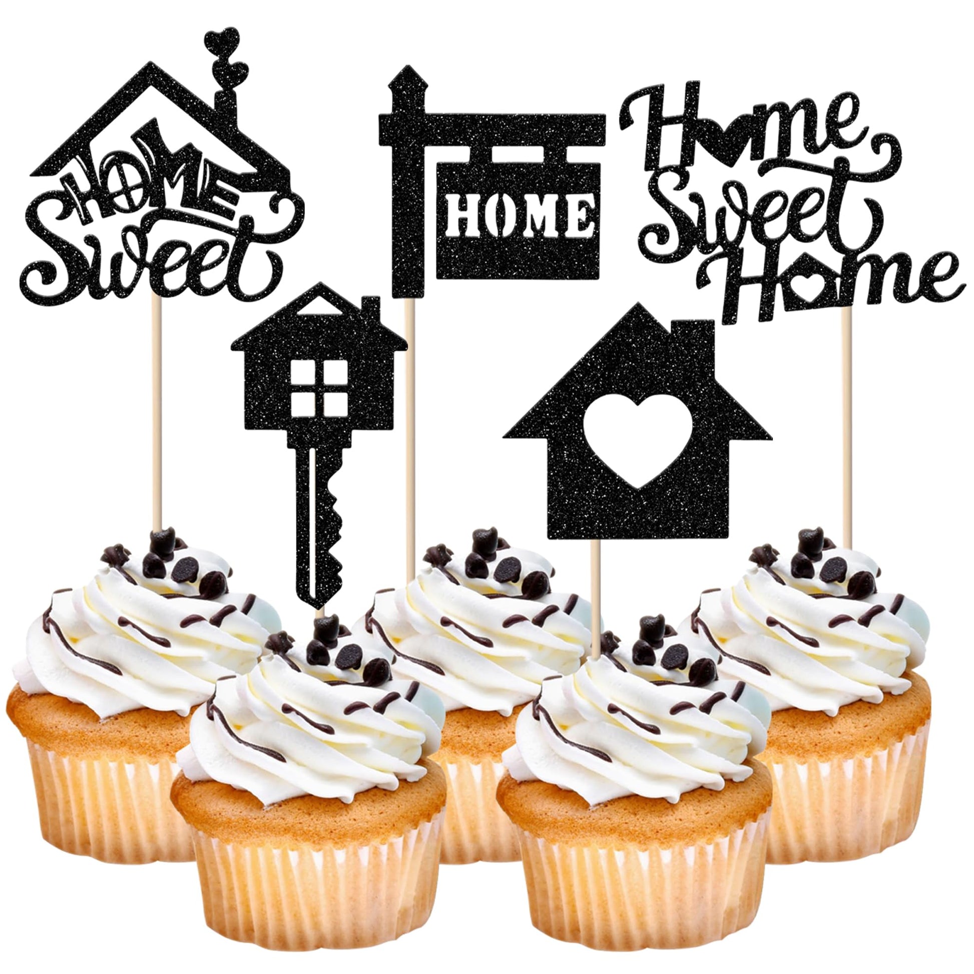 Rsstarxi Cupcake Toppers 30 Pack Paper Housewarming Decorations 2.8x4.6 inches Black Design 1