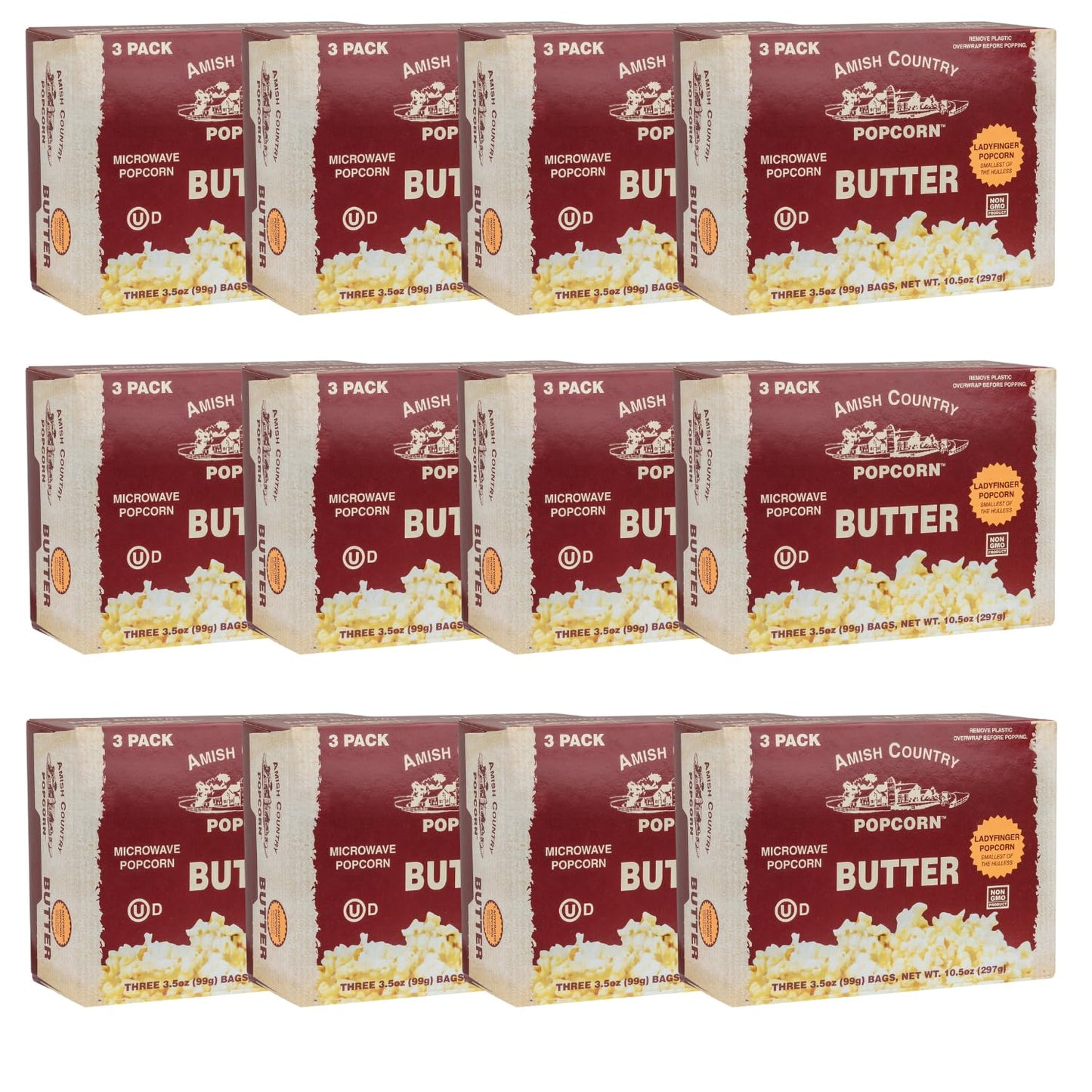 Amish Country Popcorn | Old Fashioned Microwave Popcorn | Ladyfinger Butter - 36 Bags | Non-GMO, Gluten Free, Microwaveable and 