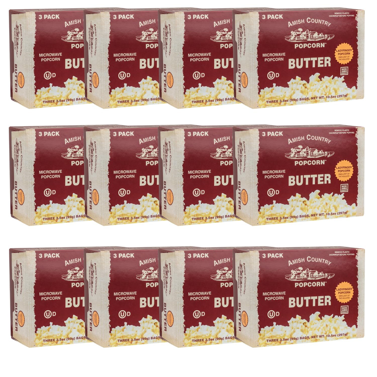 Amish Country Popcorn | Old Fashioned Microwave Popcorn | Ladyfinger Butter - 36 Bags | Non-GMO, Gluten Free, Microwaveable and 