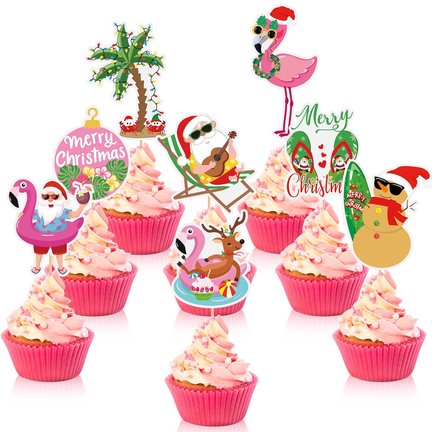 Tatuo 48 Pcs Cupcake Toppers, Santa Claus & Flamingo, 7.2 x 1.18, Multicolored, Cardboard, for Summer & Christmas Parties