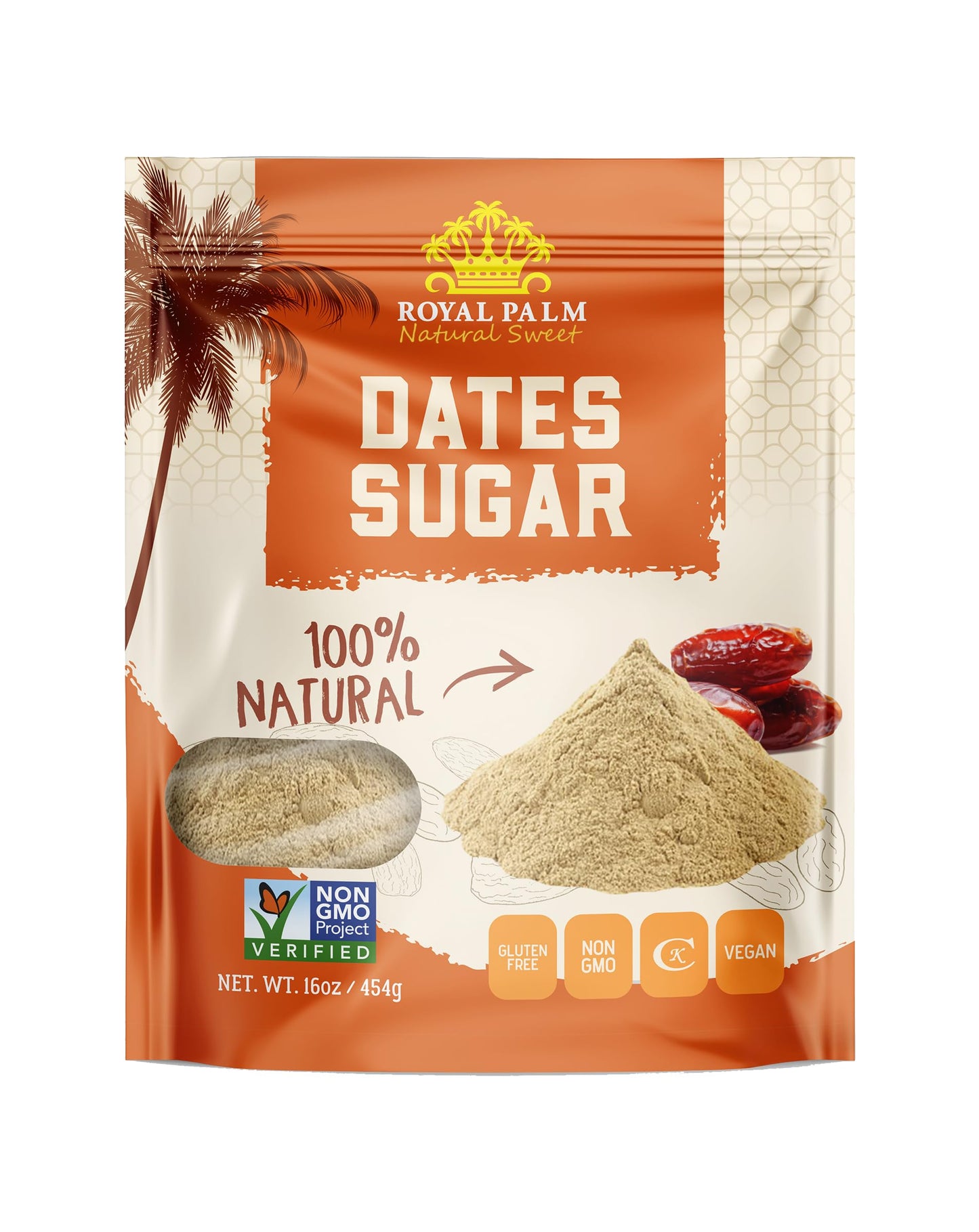 Royal Palm Date Sugar - 100% Natural Sweetener, Vegan, Non-GMO, 16oz Bag