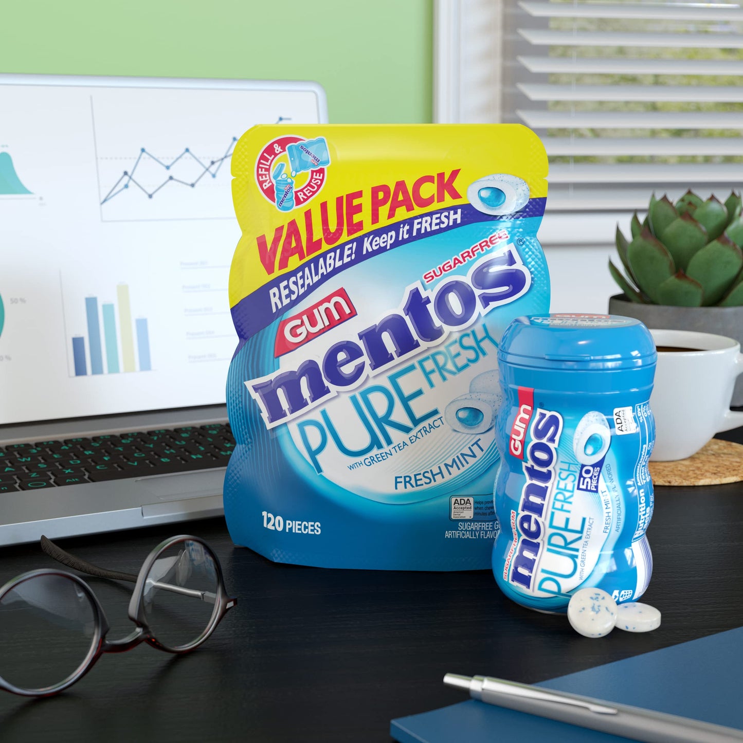 Mentos Pure Fresh Sugar-Free Chewing Gum With Xylitol, Fresh Mint, 120 Piece Resealable Bag ( Pack Of 4)