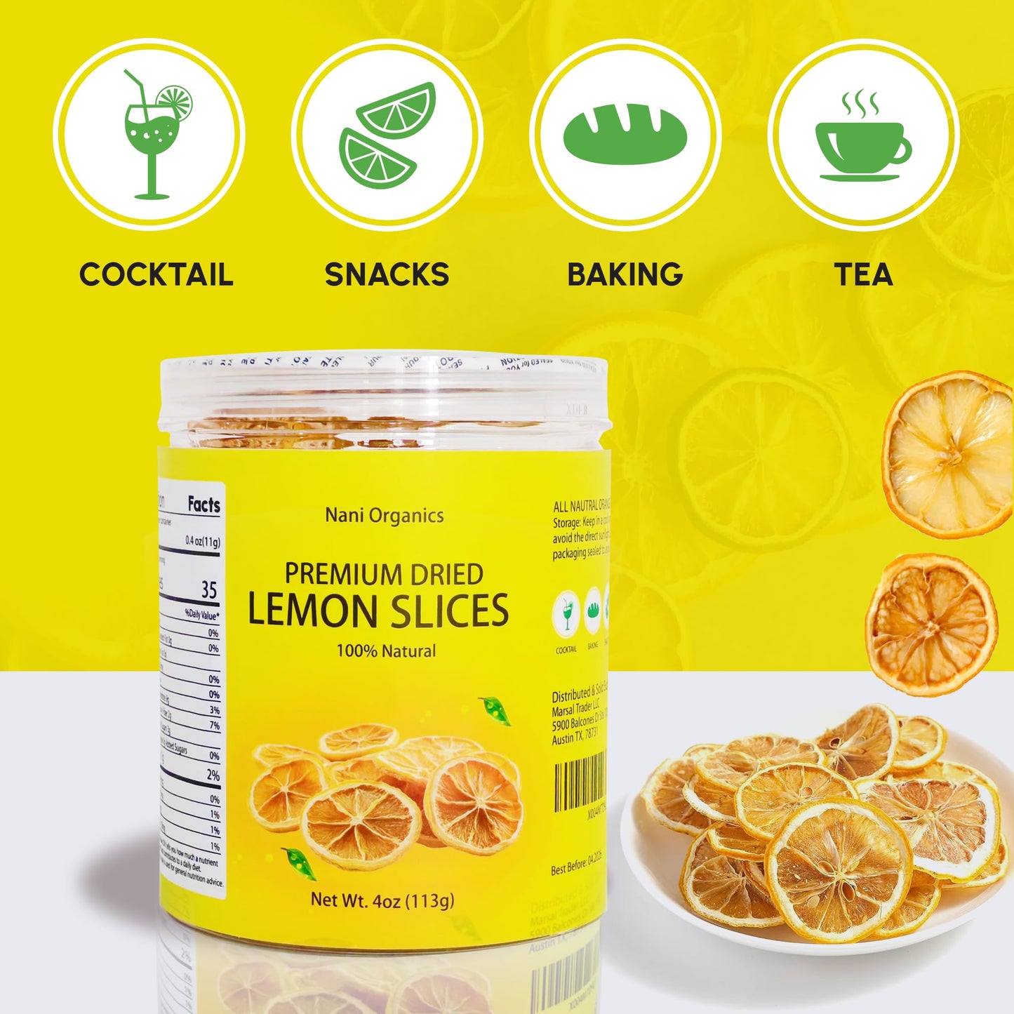 Nani Organics Premium Dried Lemon Slices – 100% Natural, Handpicked, Additive-Free, 4oz (113g) for Cocktails, Teas, Baking, Crafts