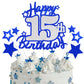 Happy 15th Birthday Cake Topper, Blue and Silver Glitter Cake Toppers, Quinceanera Decorations, 15 Year Birthday Party Cake Deco