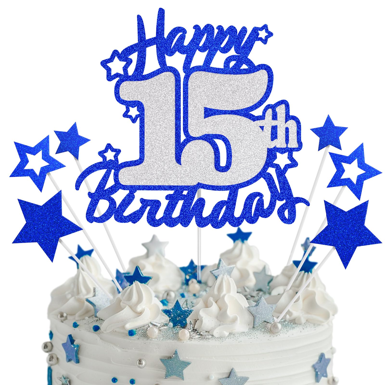 Happy 15th Birthday Cake Topper, Blue and Silver Glitter Cake Toppers, Quinceanera Decorations, 15 Year Birthday Party Cake Deco