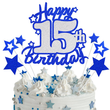 Happy 15th Birthday Cake Topper, Blue and Silver Glitter Cake Toppers, Quinceanera Decorations, 15 Year Birthday Party Cake Deco