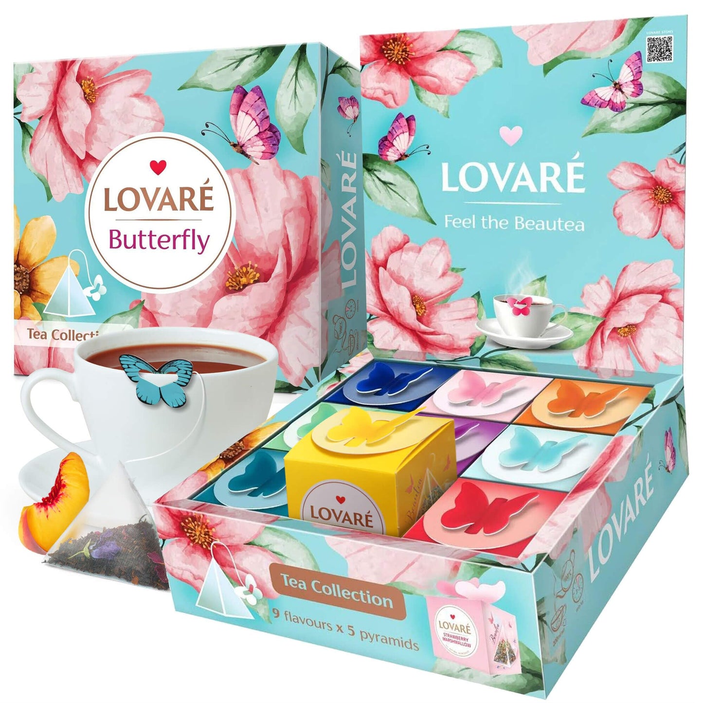 LOVARE Assorted Tea Pyramid Bags - 45 Pack - 9 Flavors - Black & Green Tea Sampler - Gift Box
