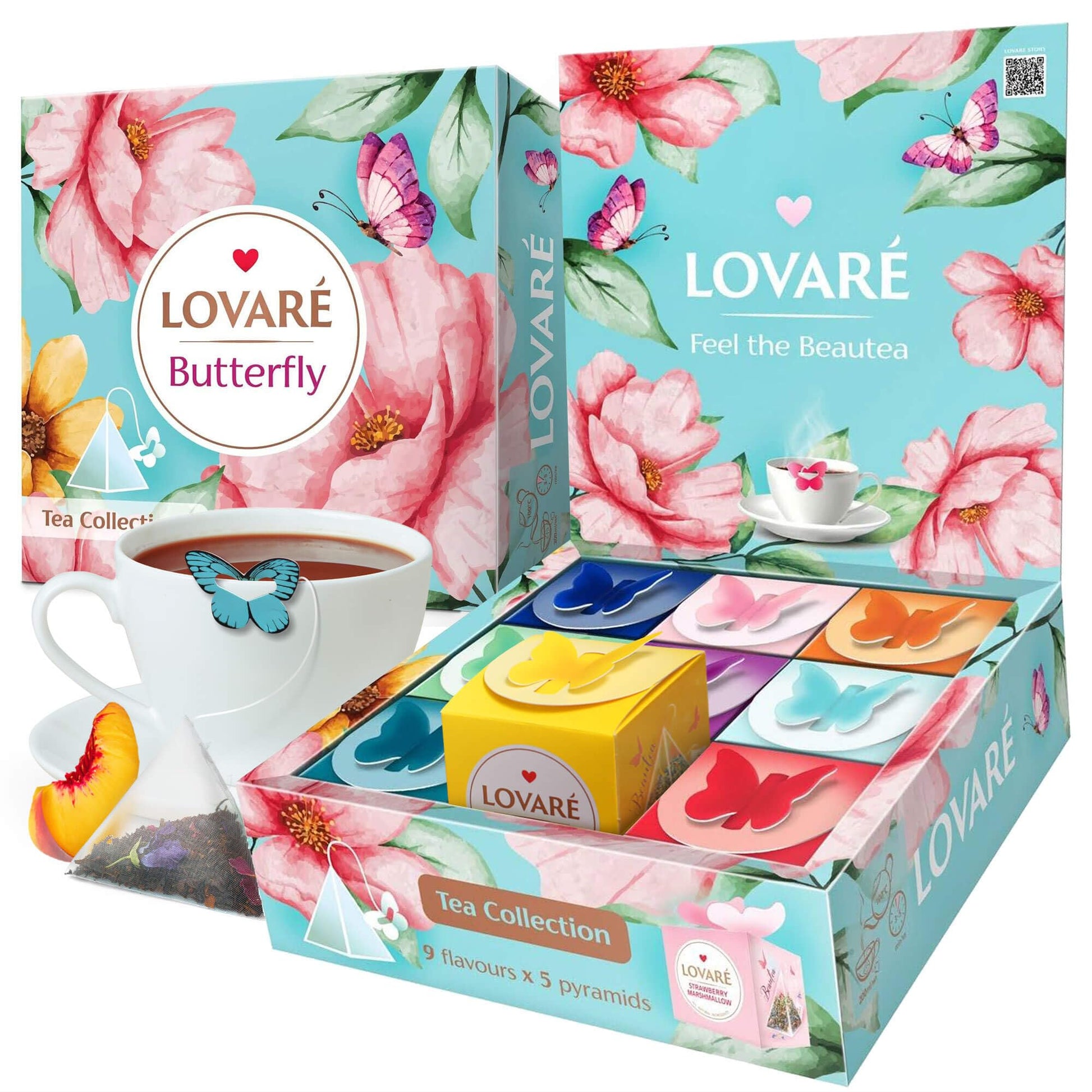 LOVARE Assorted Tea Pyramid Bags - 45 Pack - 9 Flavors - Black & Green Tea Sampler - Gift Box