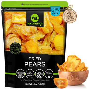NUT CRAVINGS Dry Fruits - Sun Dried California Pears, No Sugar Added (48oz - 3 LB, Bulk) Packed Fresh in Resealable Bag - Sweet 