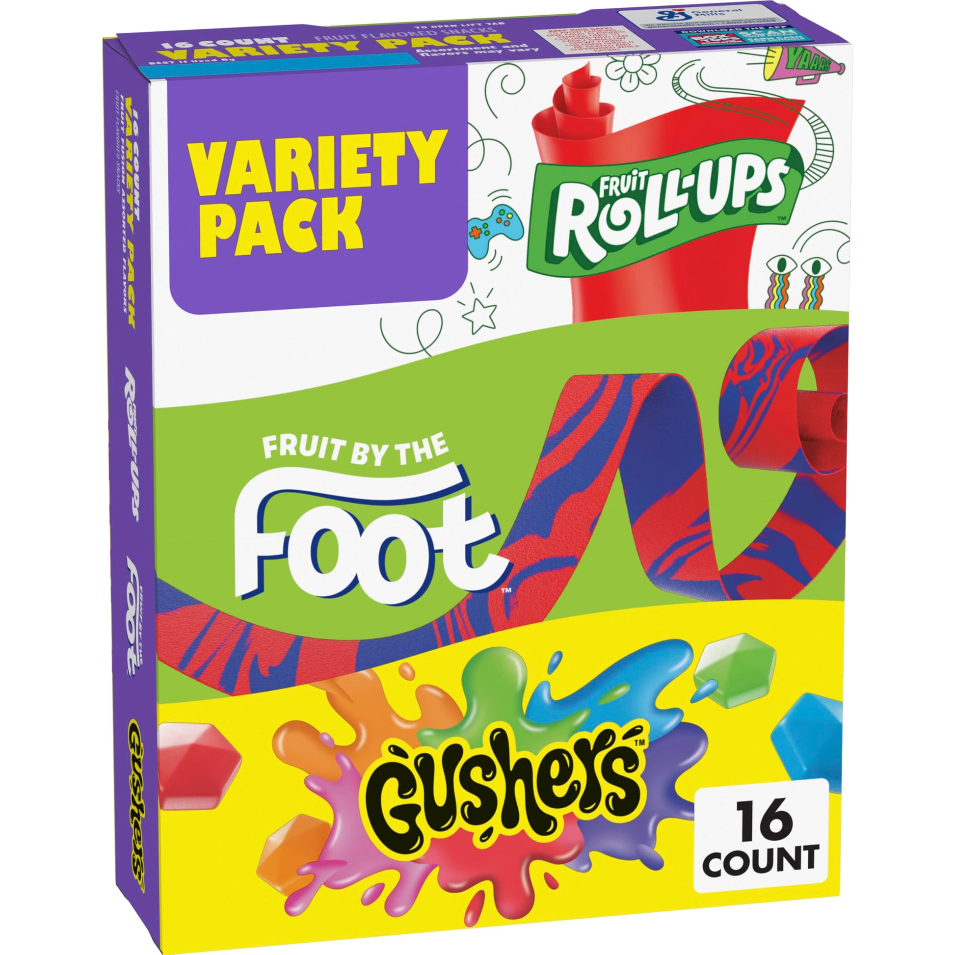 Fruit Roll-Ups, Fruit By The Foot, Gushers, Snacks Variety Pack, Kids Snacks, Halloween Candy Alternative, 16 Ct