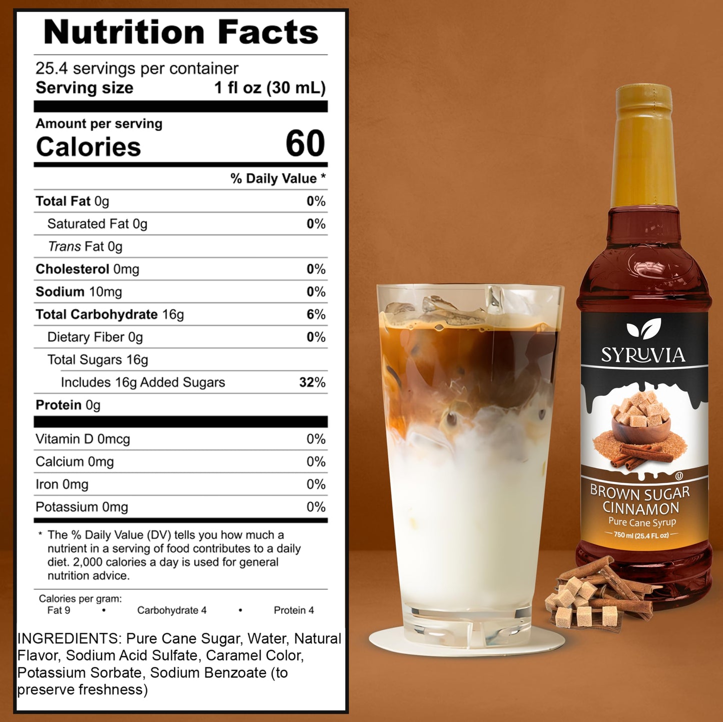 Syruvia Brown Sugar Cinnamon Syrup - Brown Sugar Cinnamon Coffee Syrup Flavor, 25.4 Fl Oz, Kosher, Gluten Free, Perfect For Coff
