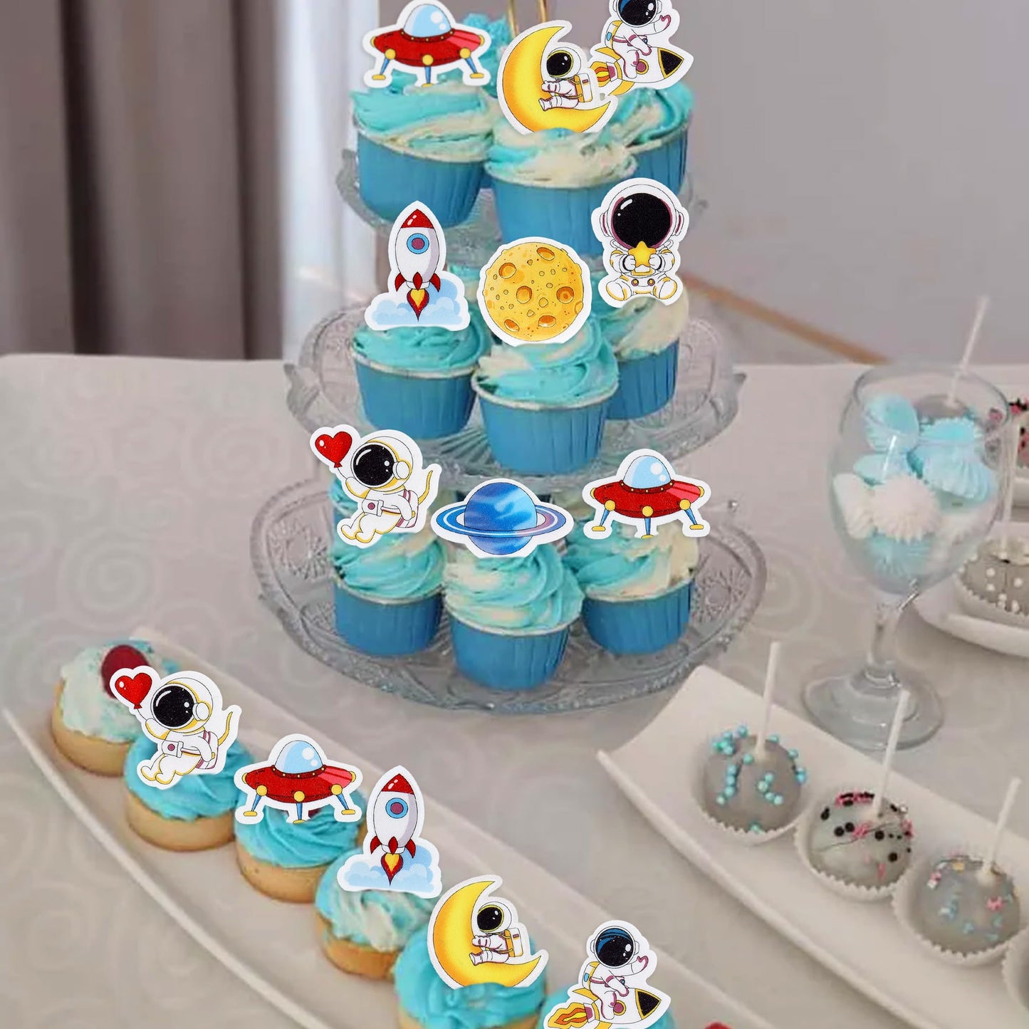 Cyodoos 40Pcs Edible Outer Space Cupcake Toppers Space Astronaut Cupcake Picks Rocket Planet Trip To The Moon Cake Decoration Fo