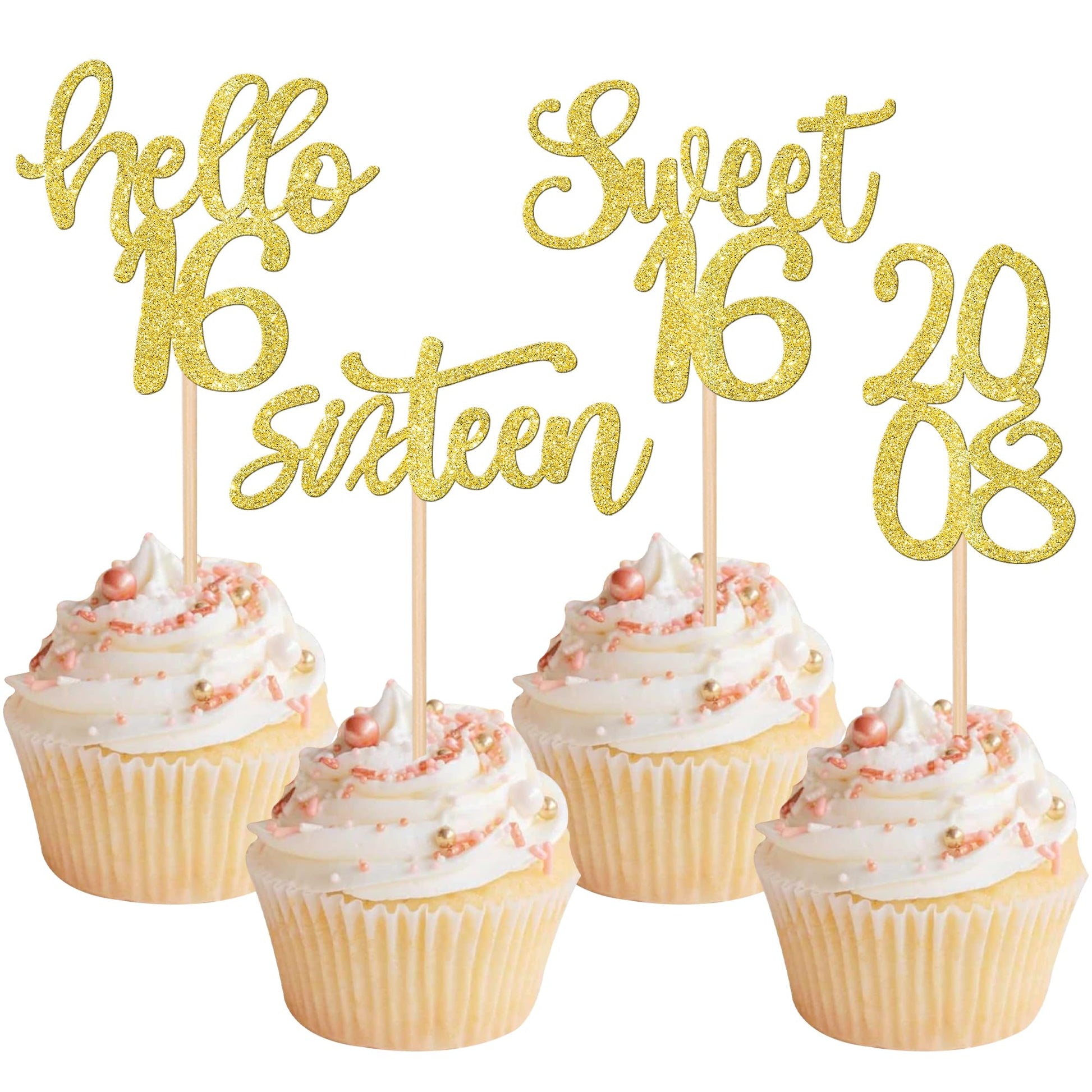 ZHUOWEISM 24PCS Cupcake Toppers Glitter Sweet 16 Decorations Small Gold Bamboo