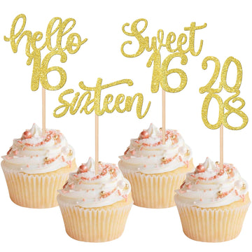 ZHUOWEISM 24PCS Cupcake Toppers Glitter Sweet 16 Decorations Small Gold Bamboo