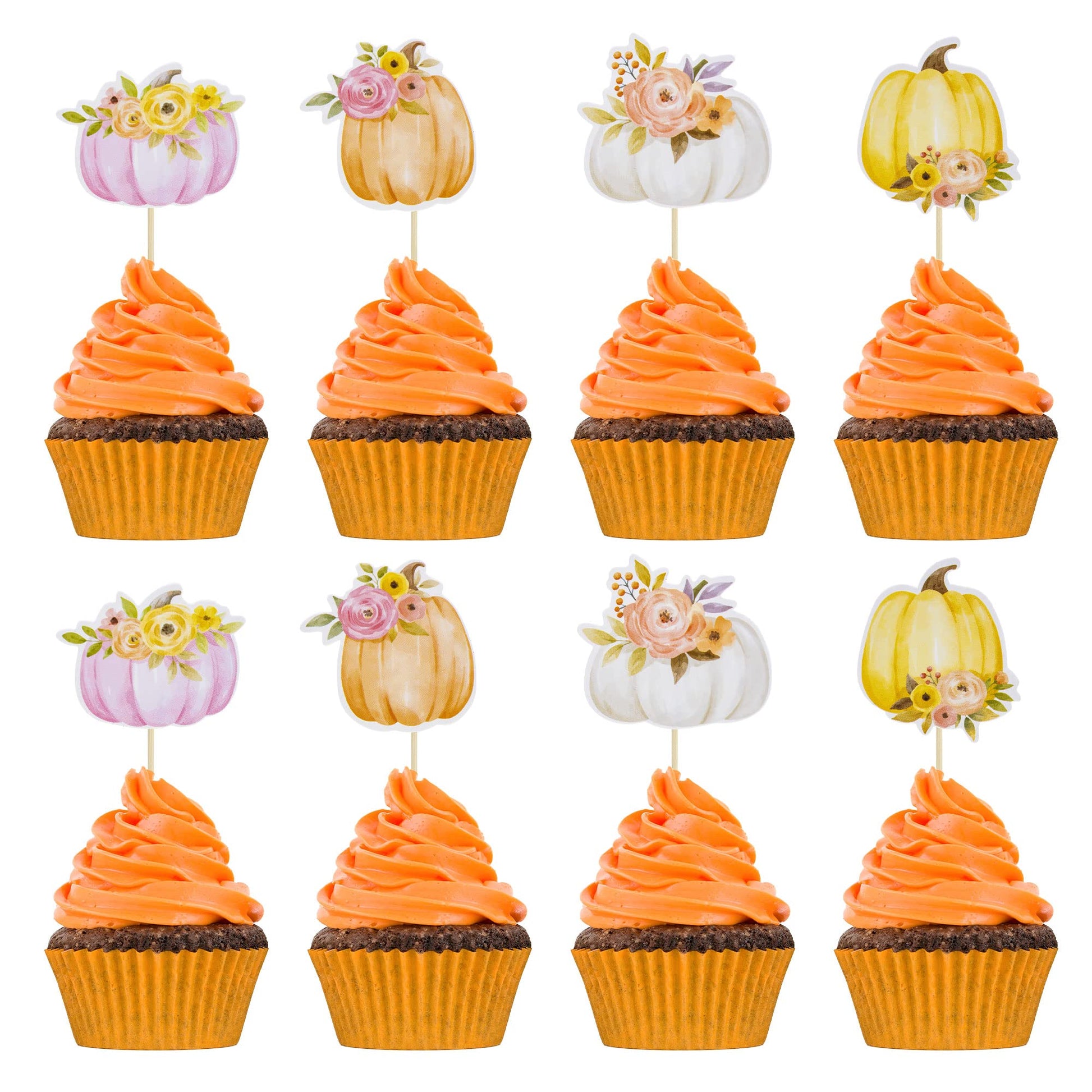 Gyufise 36Pcs Little Pumpkin Cupcake Toppers Fall Baby Shower Decorations Floral Pumpkin Cake Toppers For Thanksgiving Fall Baby