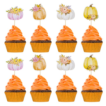 Gyufise 36Pcs Little Pumpkin Cupcake Toppers Fall Baby Shower Decorations Floral Pumpkin Cake Toppers For Thanksgiving Fall Baby