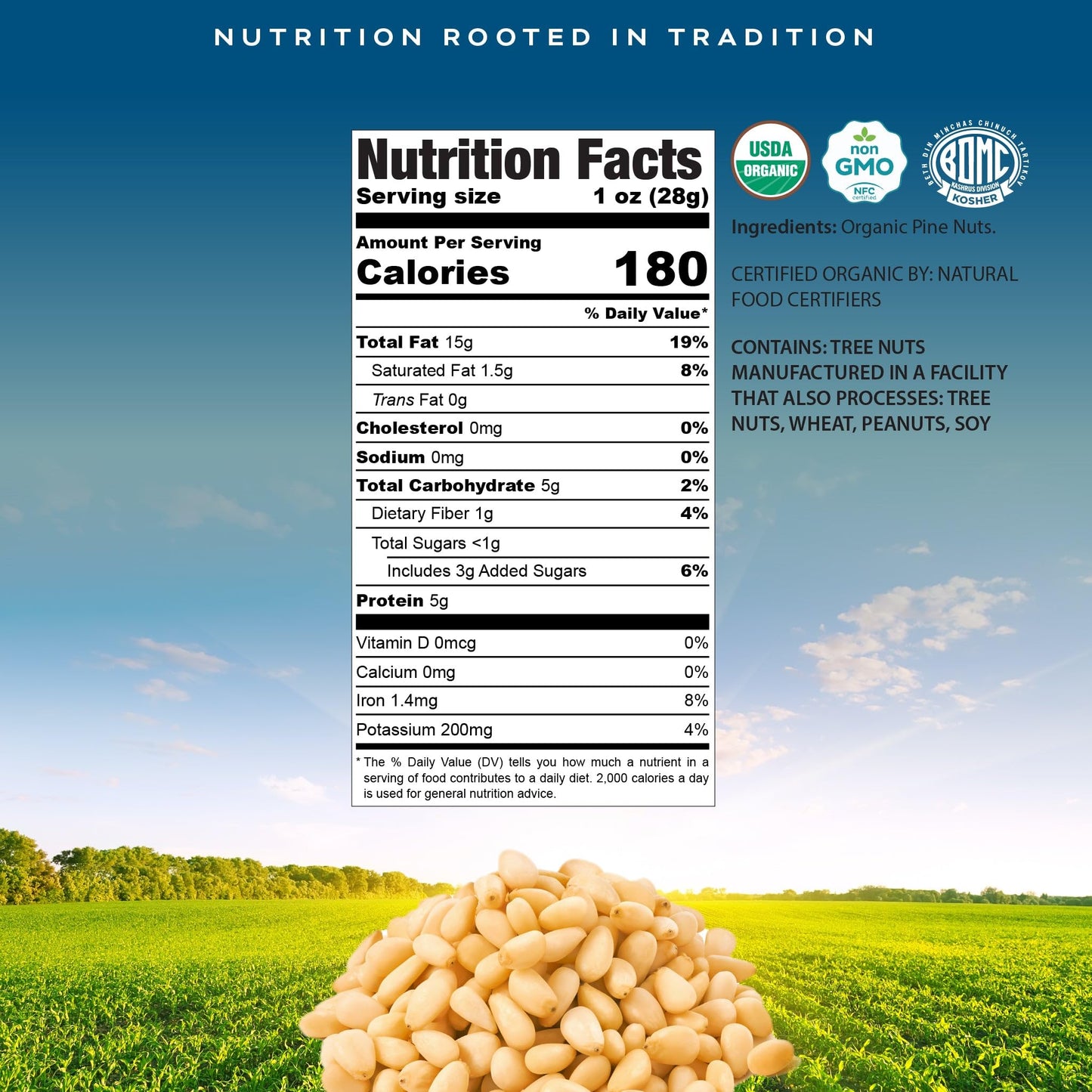 Crop By Pop - Organic Raw Pine Nuts Pignolias, Unsalted, Shelled, (6Oz - 1 Pack) Usda Organic & Non Gmo Certified - Packed Fresh