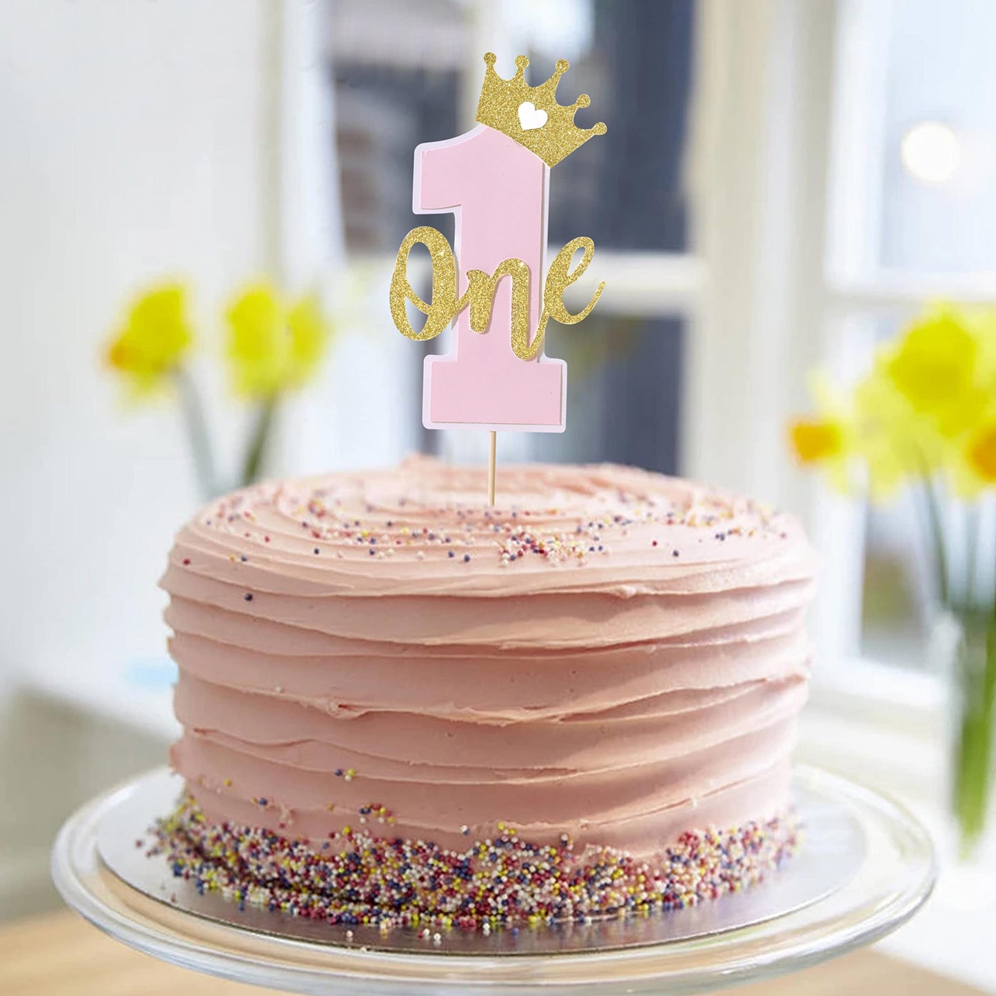 One Cake Topper For Baby Girls - Pink And Gold Cake Topper For 1St Birthday, First Birthday Cake Topper, Cake Smash Props
