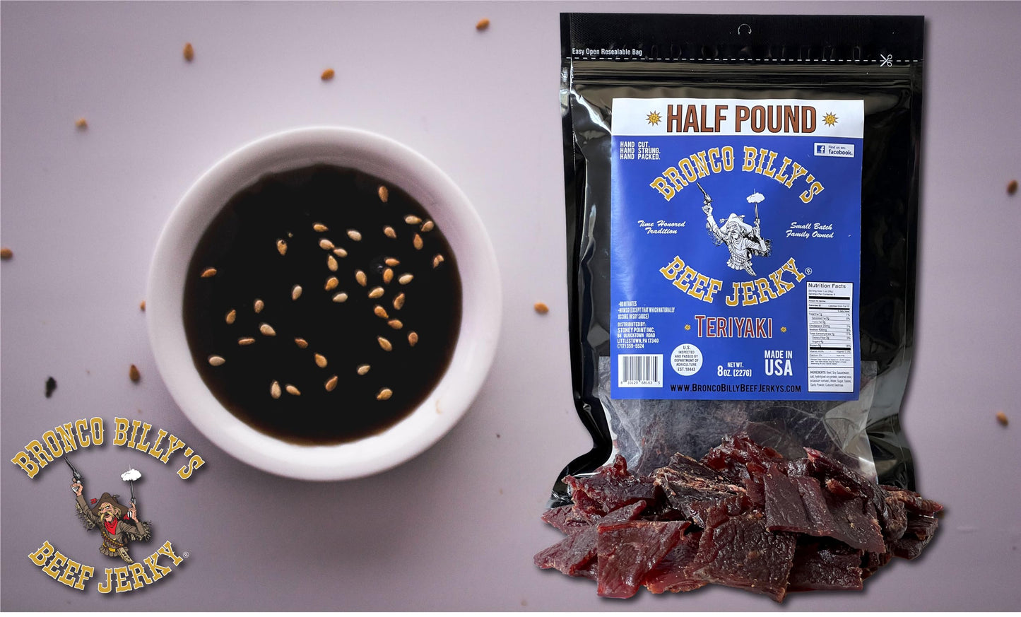 Bronco Billy'S Beef Jerky Teriyaki Half Pound Resealable Bag, Made In Usa With Premium Usda Beef, Hand Cut, Hand Strung, Hand Pa