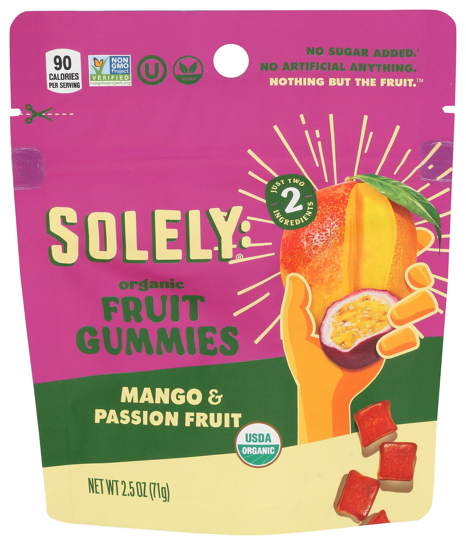 Solely - Organic Mango & Passion Fruit Whole Fruit Gummies (1 Resealable Bag, 2.5 Servings Per Bag) - Real Fresh Fruit - Healthy