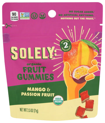 Solely - Organic Mango & Passion Fruit Whole Fruit Gummies (1 Resealable Bag, 2.5 Servings Per Bag) - Real Fresh Fruit - Healthy